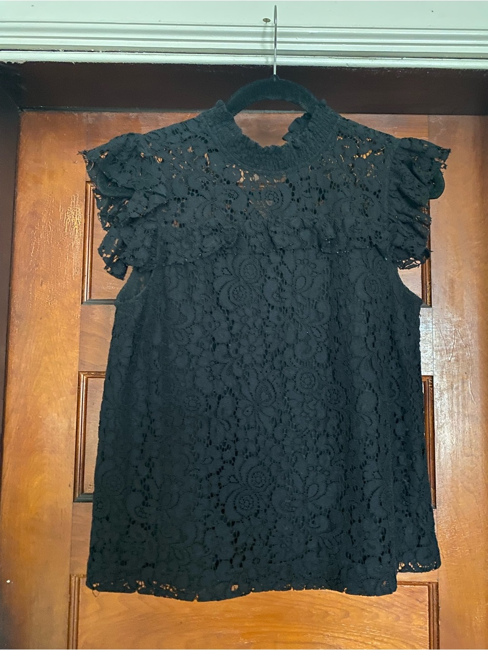 Ann Taylor Black Lace Flutter-Sleeve Mock Neck Top